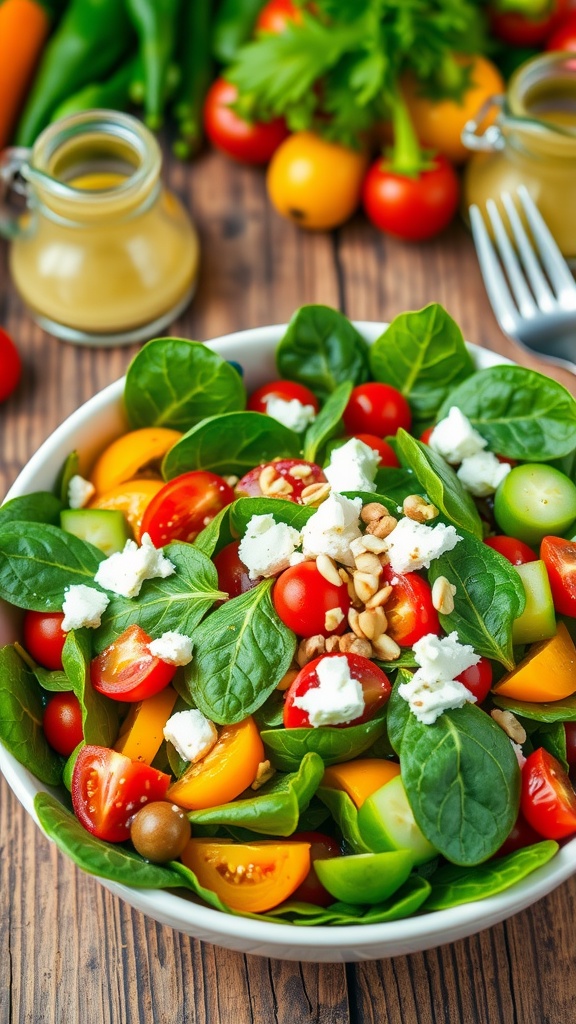 A colorful spinach garden salad with tomatoes, cucumbers, peppers, topped with feta and nuts on a rustic table.